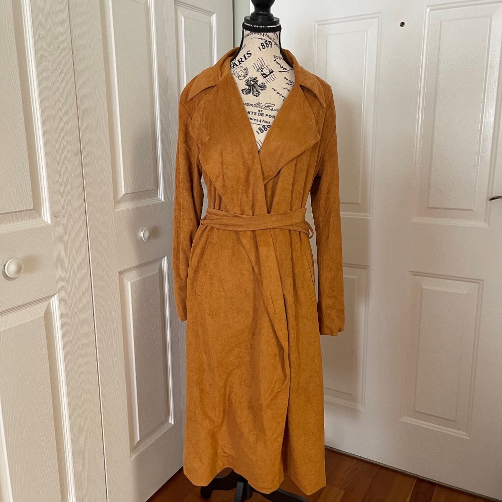 IF BY SEA FAUX SUEDE TRENCHCOAT BROWN SZ L